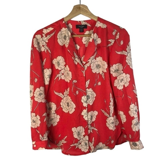 Lord & Taylor Petite Red & Cream Floral Popover Long Sleeve Blouse SP - Picture 1 of 4